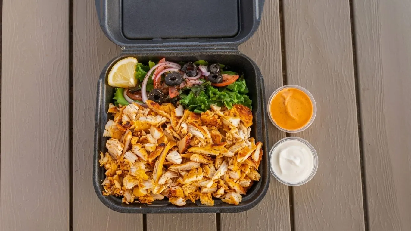 Chicken shawarma plate: grilled chicken over rice with salad, harissa and garlic sauce