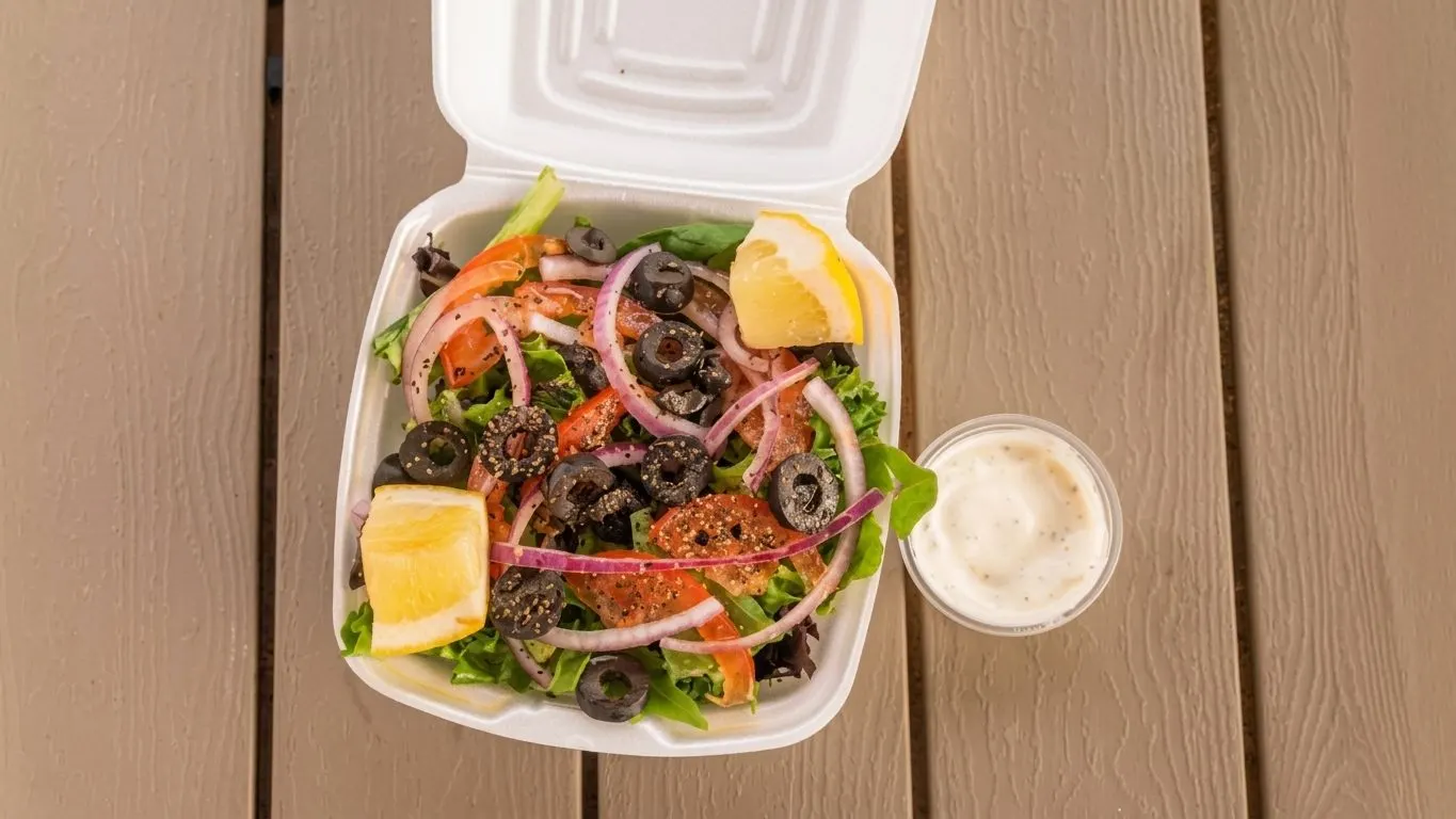 House salad with olives, red onion, tomato and lemon in a takeout box