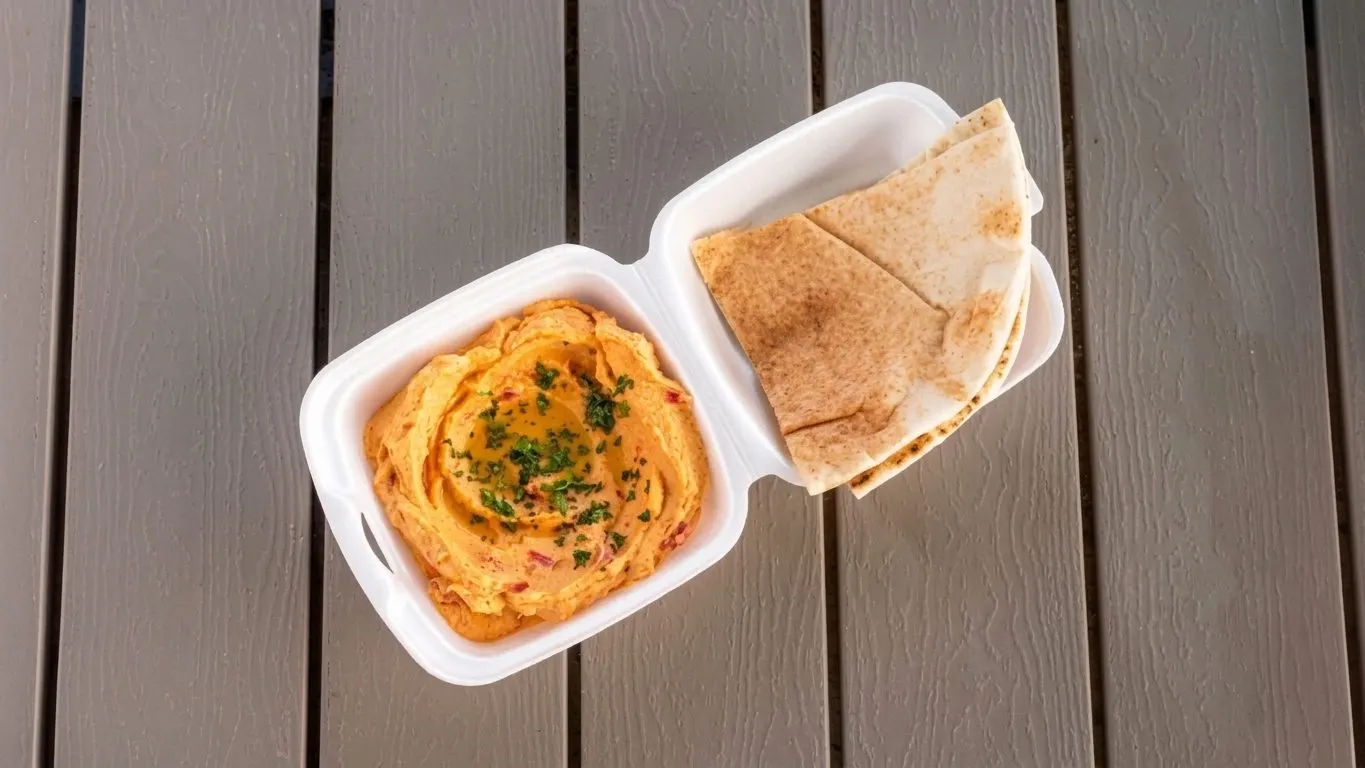 Hummus topped with olive oil and parsley, with pita bread triangles